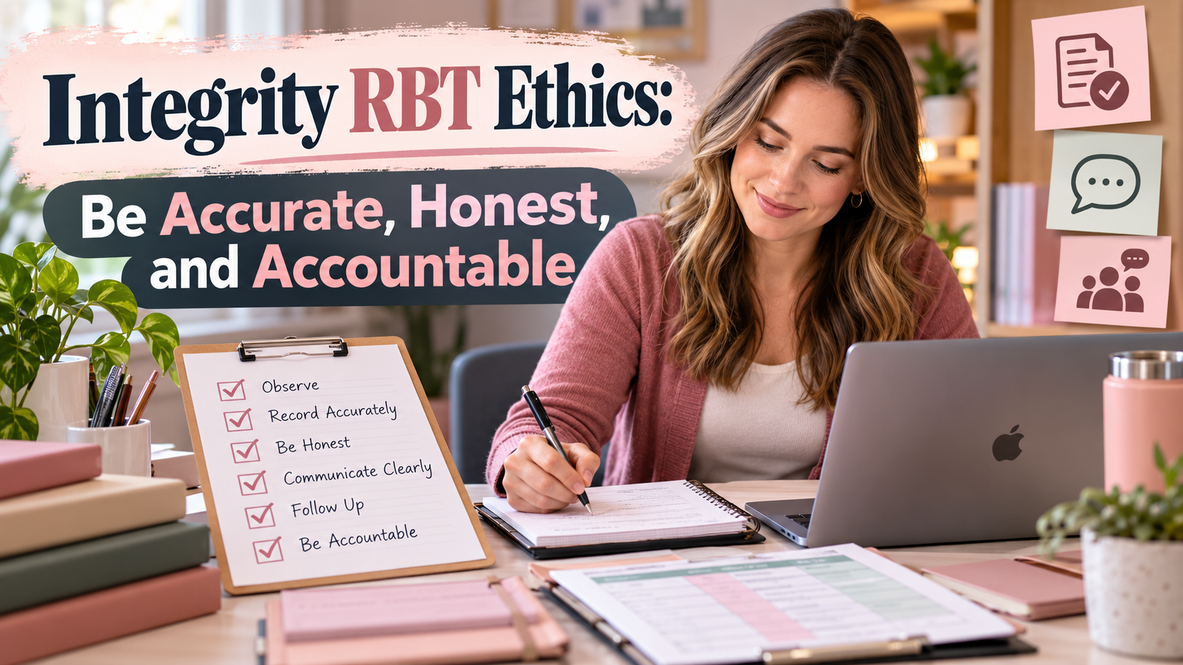 integrity RBT ethics with a white adult woman reviewing an accurate documentation checklist beside an Apple laptop