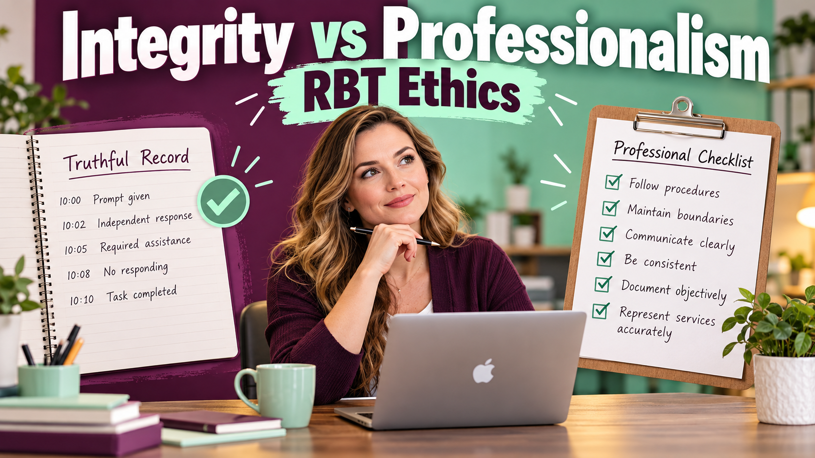integrity vs professionalism RBT ethics with a white adult woman comparing a truthful record and a professional checklist bes