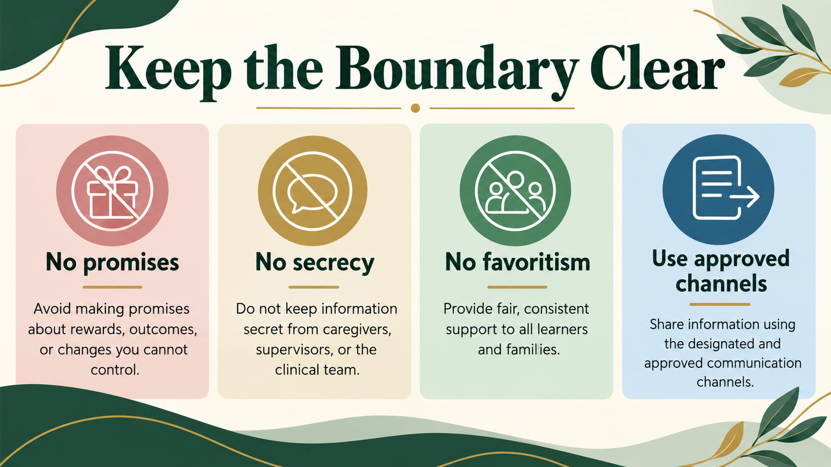 accepting gifts from clients rbt - Keep the boundary clear infographic showing no promises, no secrecy, no favoritism, and ap