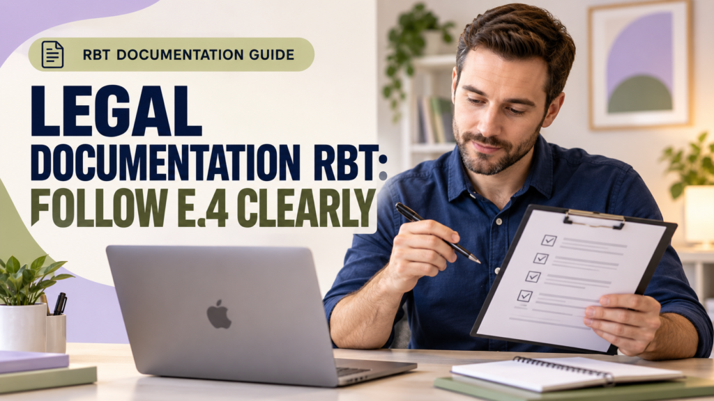 legal documentation rbt with a white adult man reviewing an objective session note checklist beside a laptop