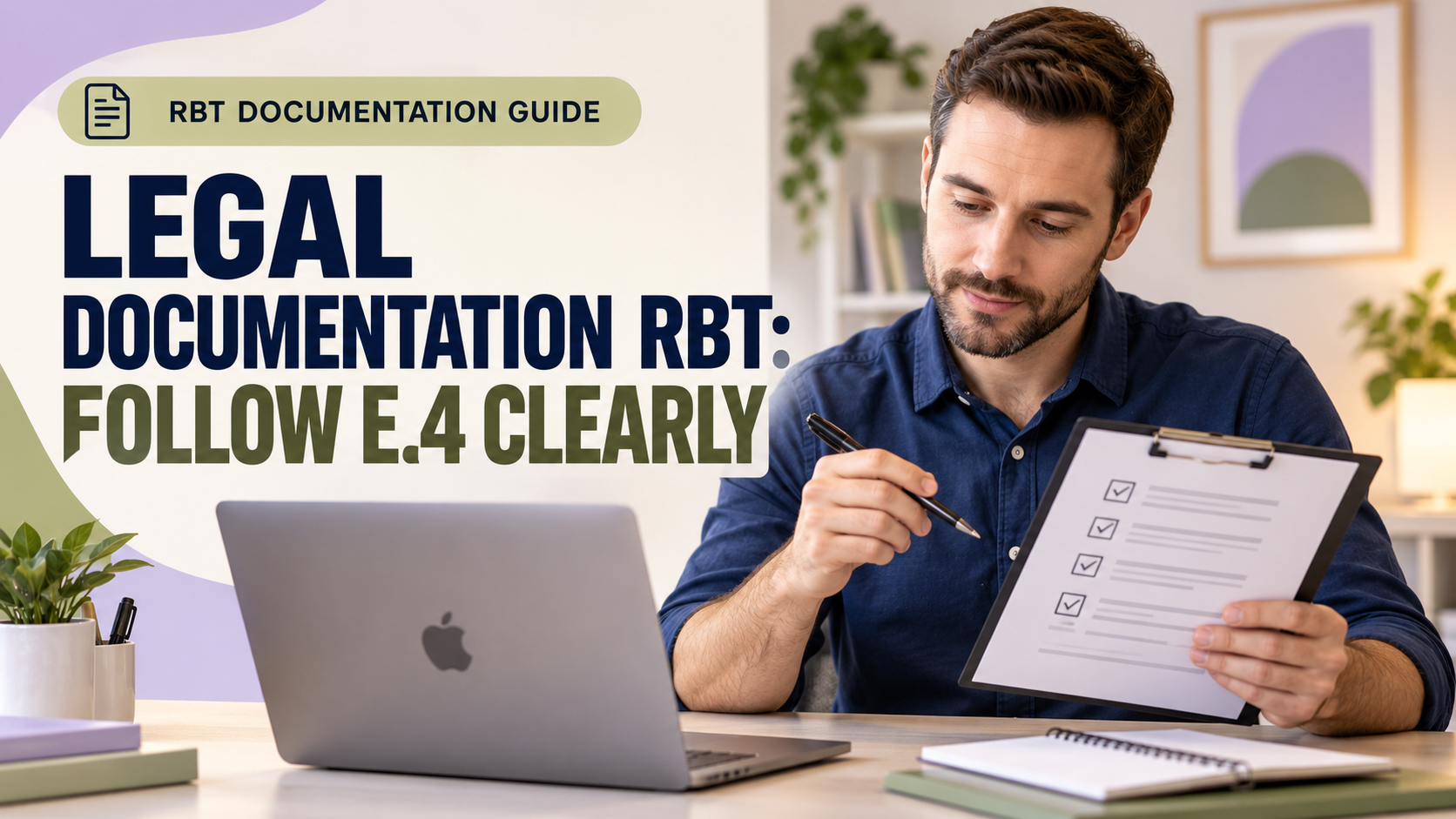 legal documentation rbt with a white adult man reviewing an objective session note checklist beside a laptop