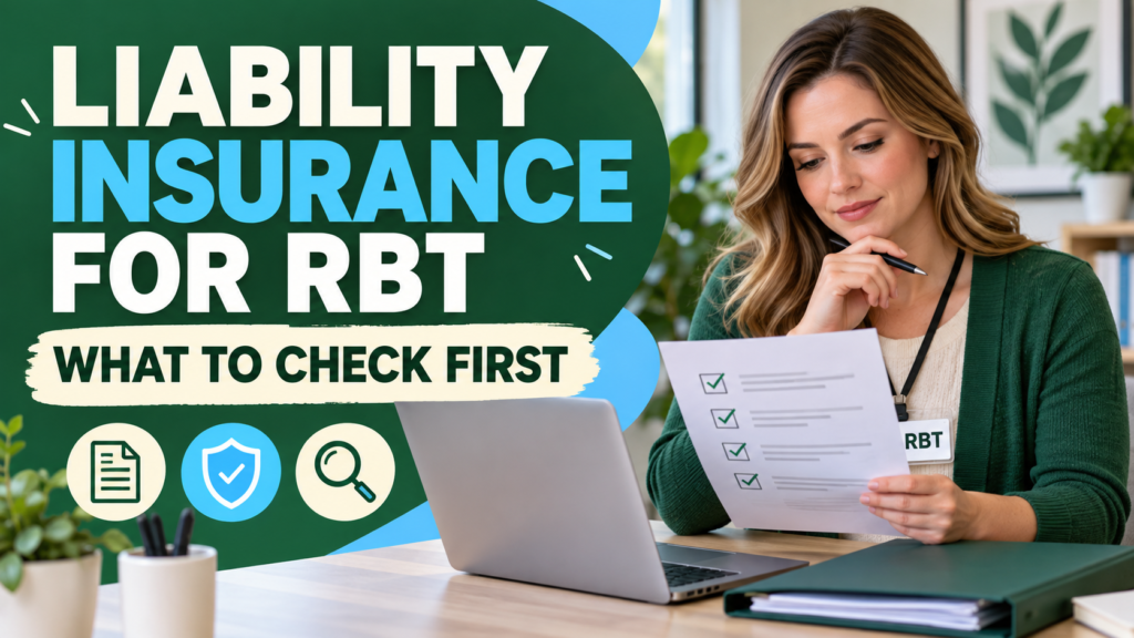 liability insurance for rbt - White adult woman RBT reviewing a liability insurance policy checklist