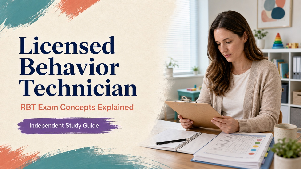 licensed behavior technician study guide cover with a white adult technician reviewing a supervised session plan
