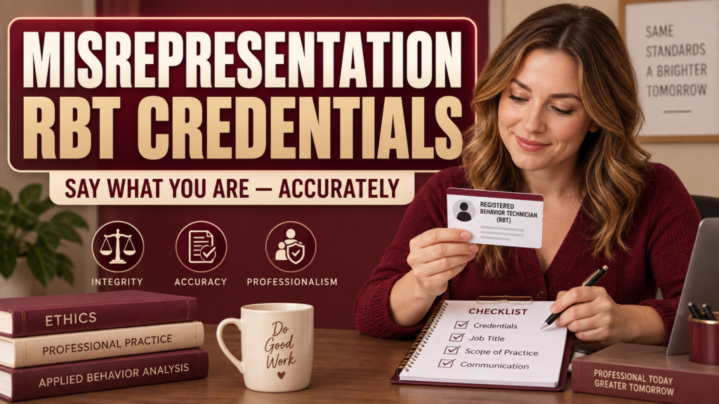 Misrepresentation RBT credentials cover with a white woman reviewing a certification status checklist