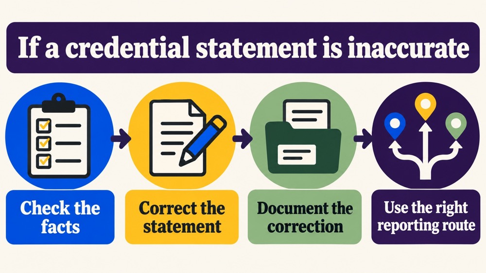 Misrepresentation RBT credentials response flow for checking facts, correcting a statement, documenting it, and choosing a re
