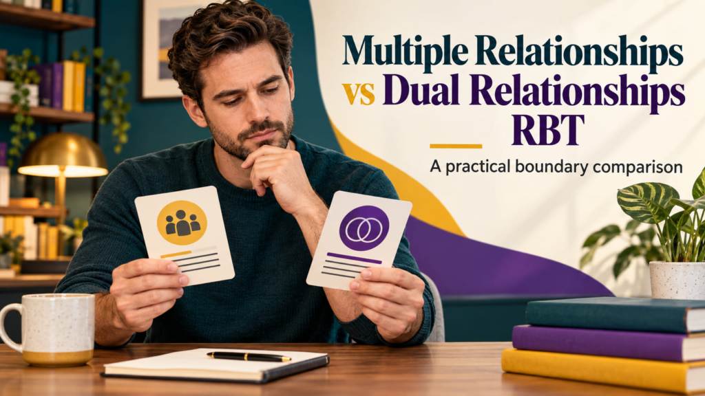 Multiple Relationships vs Dual Relationships RBT cover with a white man comparing two de-identified professional boundary car