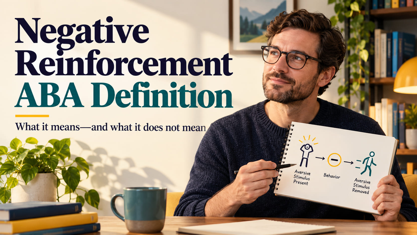 Negative Reinforcement ABA Definition cover with a white man explaining an aversive stimulus removal sequence in a notebook