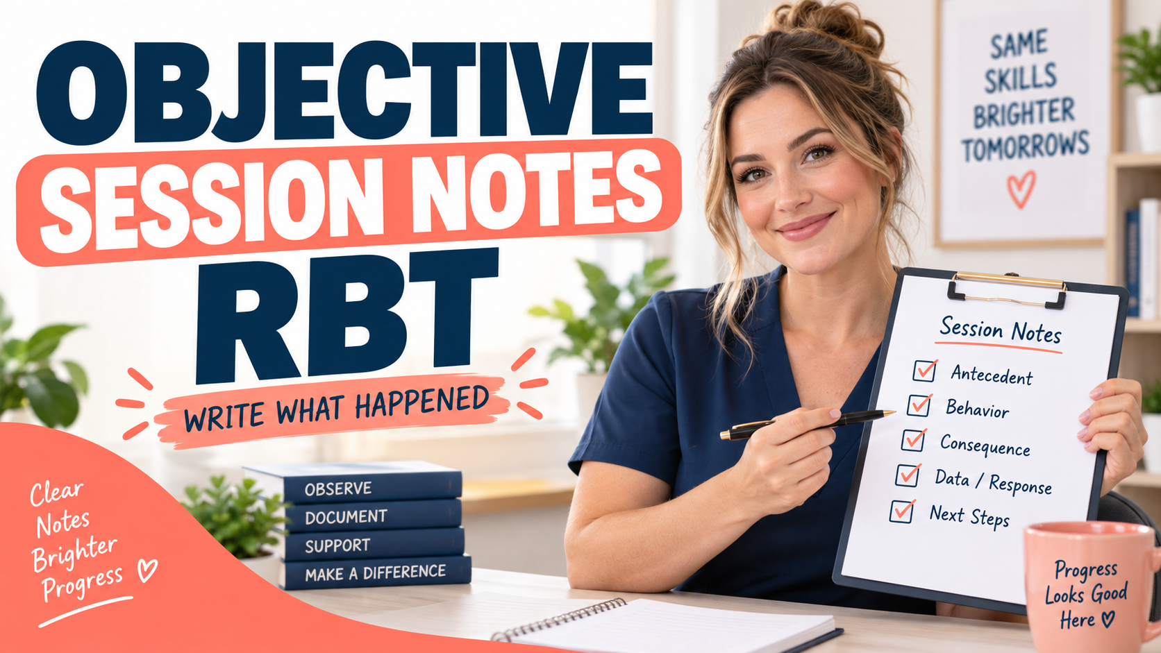 objective session notes rbt guide with a white adult woman reviewing a session checklist