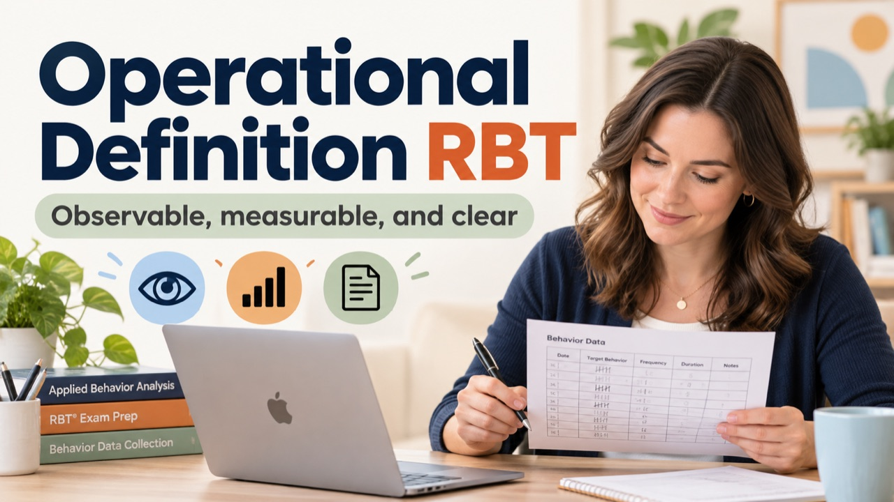 Operational definition RBT cover with a white woman reviewing an objective behavior data sheet on an Apple laptop