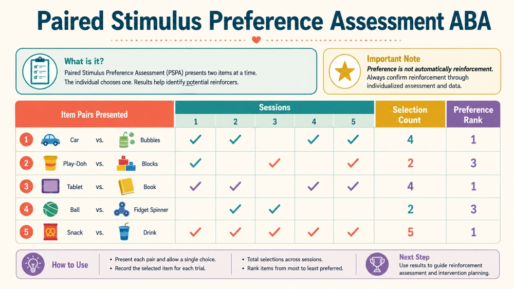 paired stimulus preference assessment aba RBT study checklist infographic