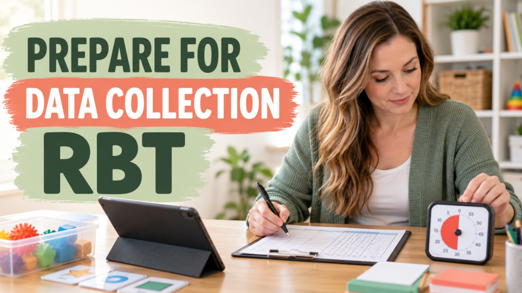 prepare for data collection rbt setup with a white adult woman checking a data sheet and timer