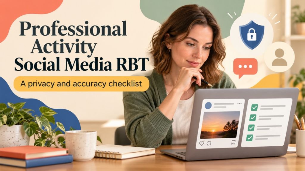 Professional activity social media RBT cover with a white woman reviewing a privacy and accuracy checklist