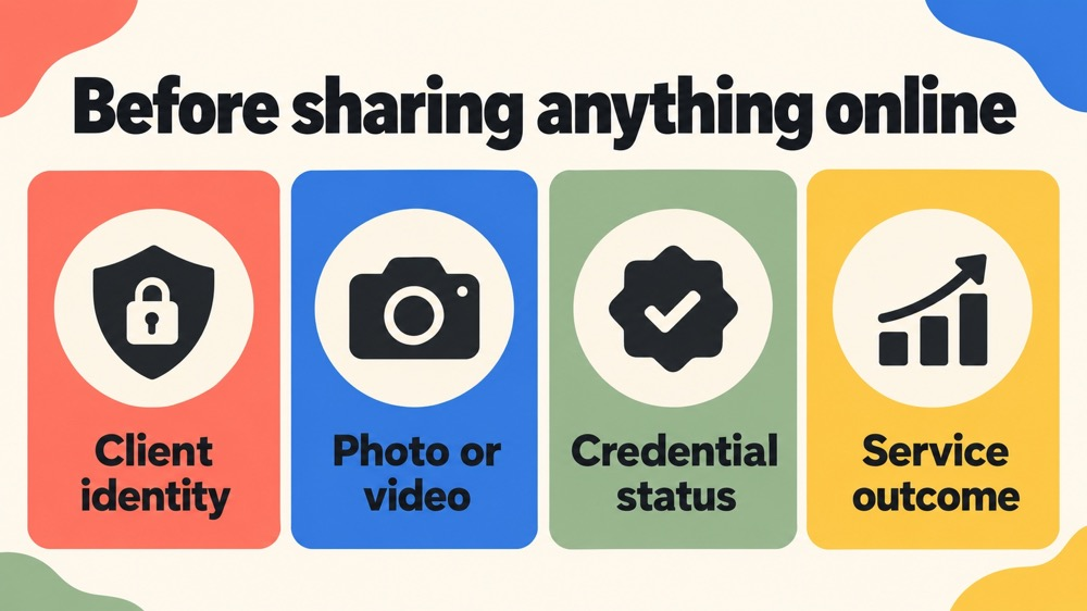 Professional activity social media RBT privacy checklist covering client identity, photo or video, credential status, and ser
