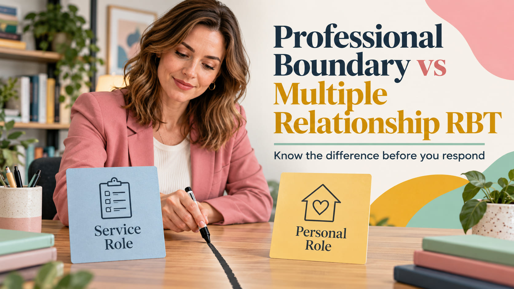 Professional Boundary vs Multiple Relationship RBT cover with a white woman separating service and personal role cards