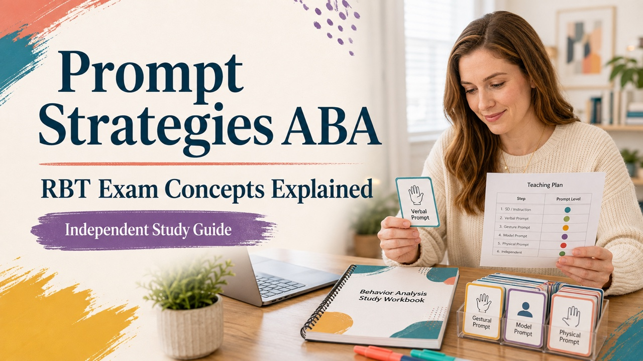 prompt strategies ABA study guide cover with a white adult RBT learner reviewing a teaching plan