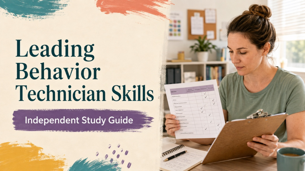 qualifications of a leading behavior technician cover with a white adult technician reviewing a skill checklist