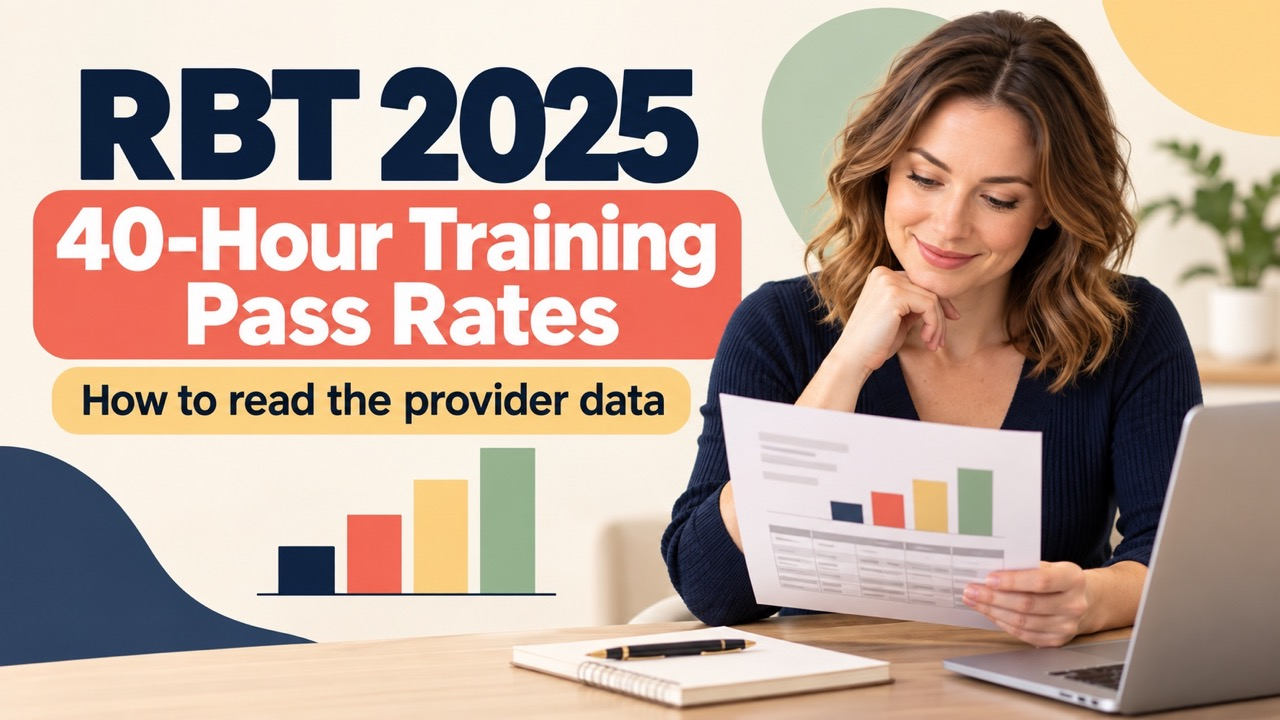 RBT 2025 40 hour training pass rates cover with a white woman reviewing a provider data report