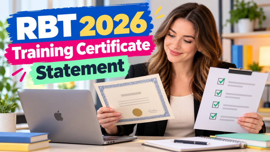 RBT 2026 training certificate statement cover showing a white adult woman reviewing a certificate and checklist beside an App