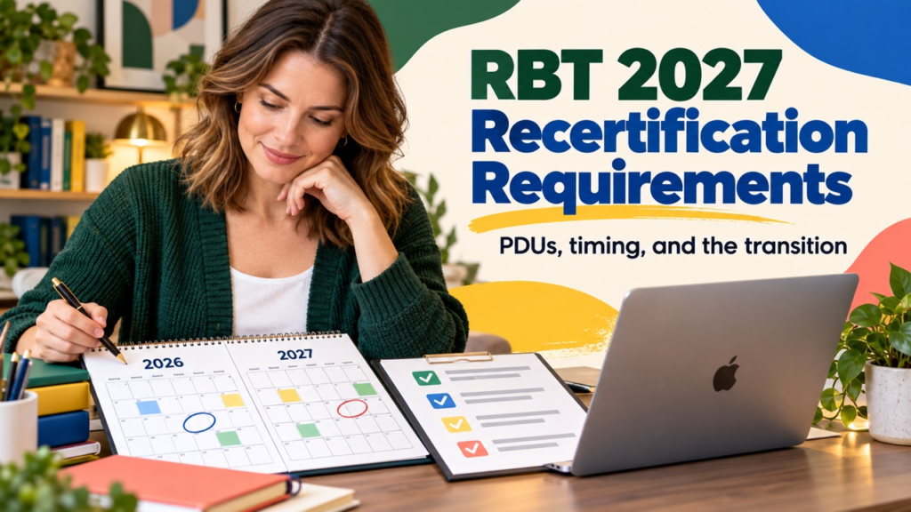 RBT 2027 recertification cover with a white woman reviewing a two-year PDU calendar beside an Apple laptop