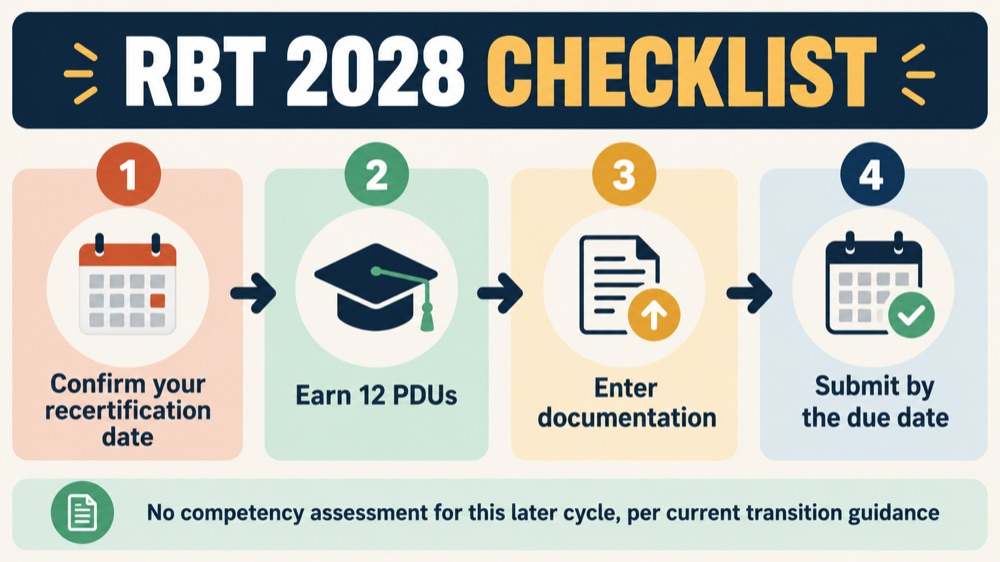 RBT 2028 recertification checklist showing the date, 12 PDUs, documentation, and application submission steps
