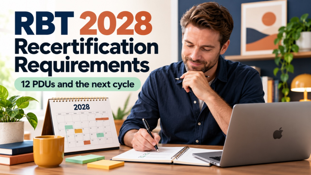 RBT 2028 recertification cover with a white man planning a two-year PDU calendar beside an Apple laptop