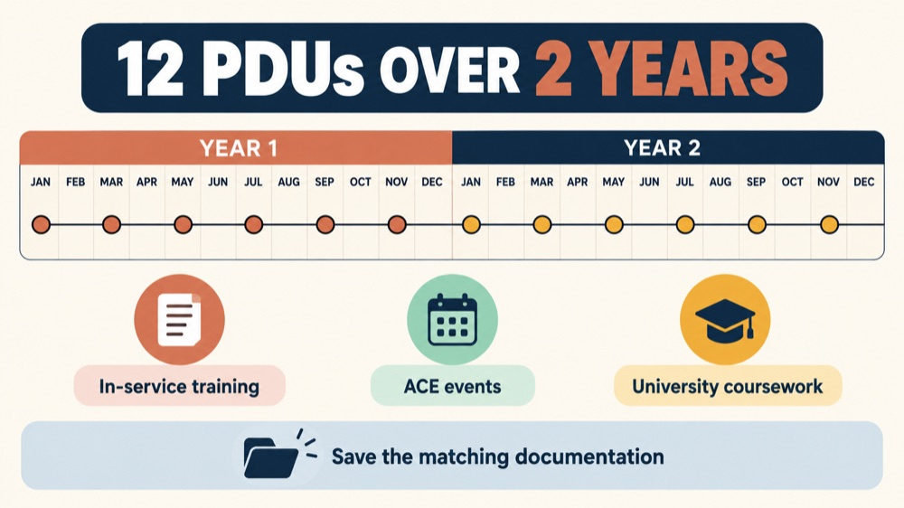 RBT 2028 recertification infographic showing 12 PDUs distributed across two years and three eligible source types