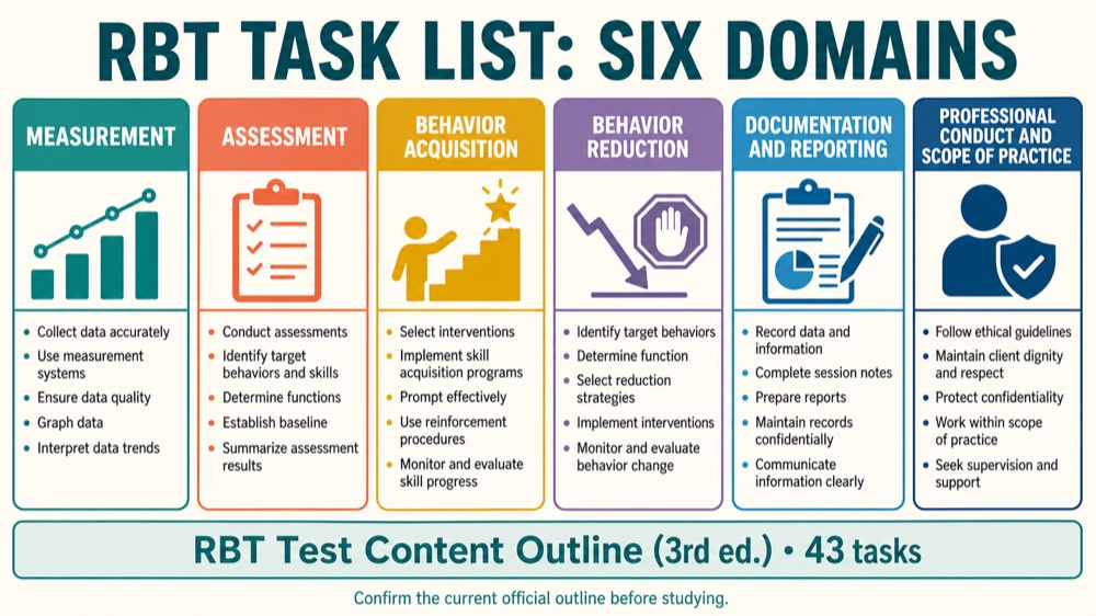 the rbt task list has areas of competencies: study checklist infographic
