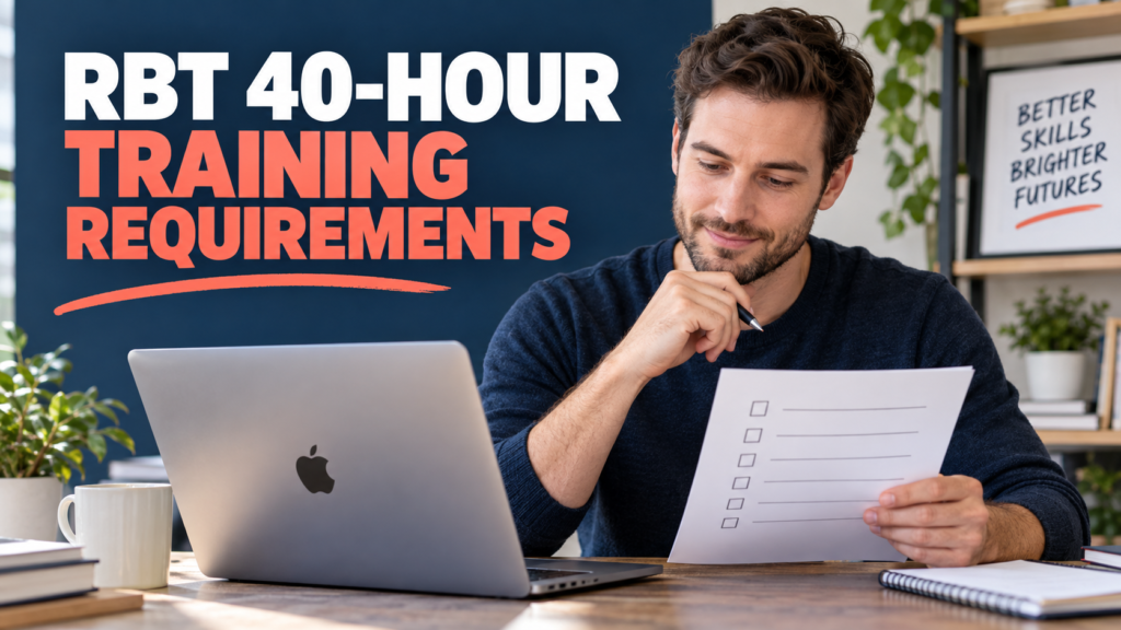 White man reviewing RBT 40-hour training requirements beside a MacBook with the Apple logo