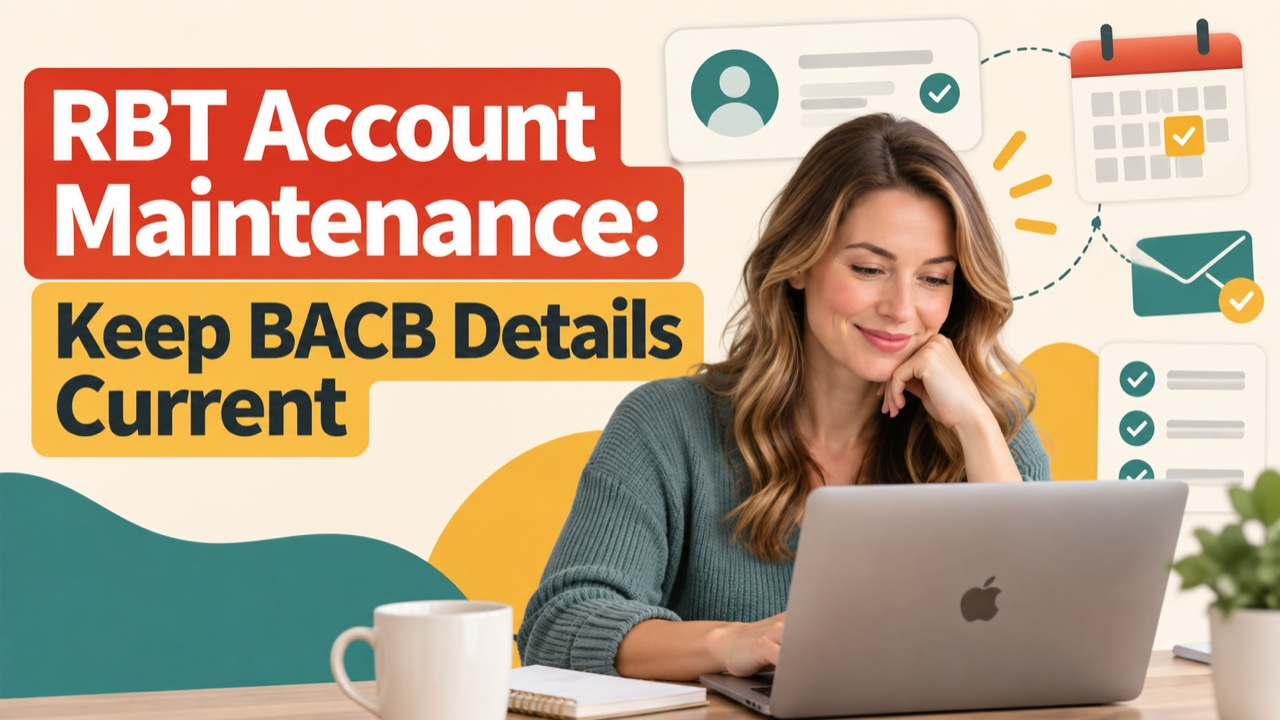 RBT account maintenance cover with a white woman reviewing BACB profile details on an Apple laptop