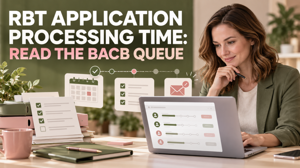 rbt application processing time with a white adult woman reviewing a live application queue and document checklist
