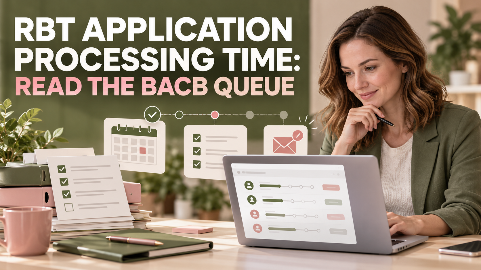 rbt application processing time with a white adult woman reviewing a live application queue and document checklist