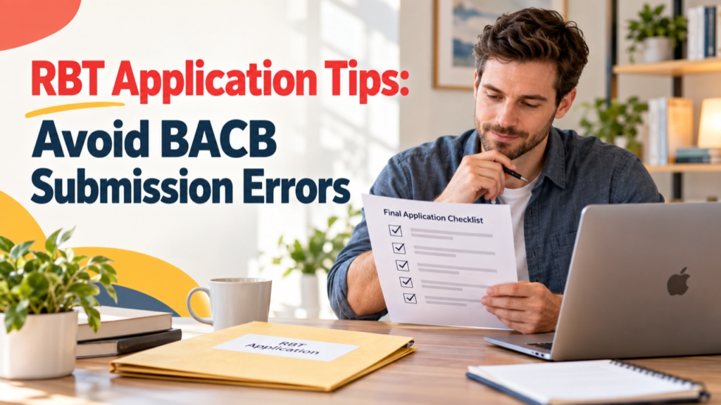 RBT application tips cover showing a white man reviewing a final BACB application checklist beside an Apple laptop