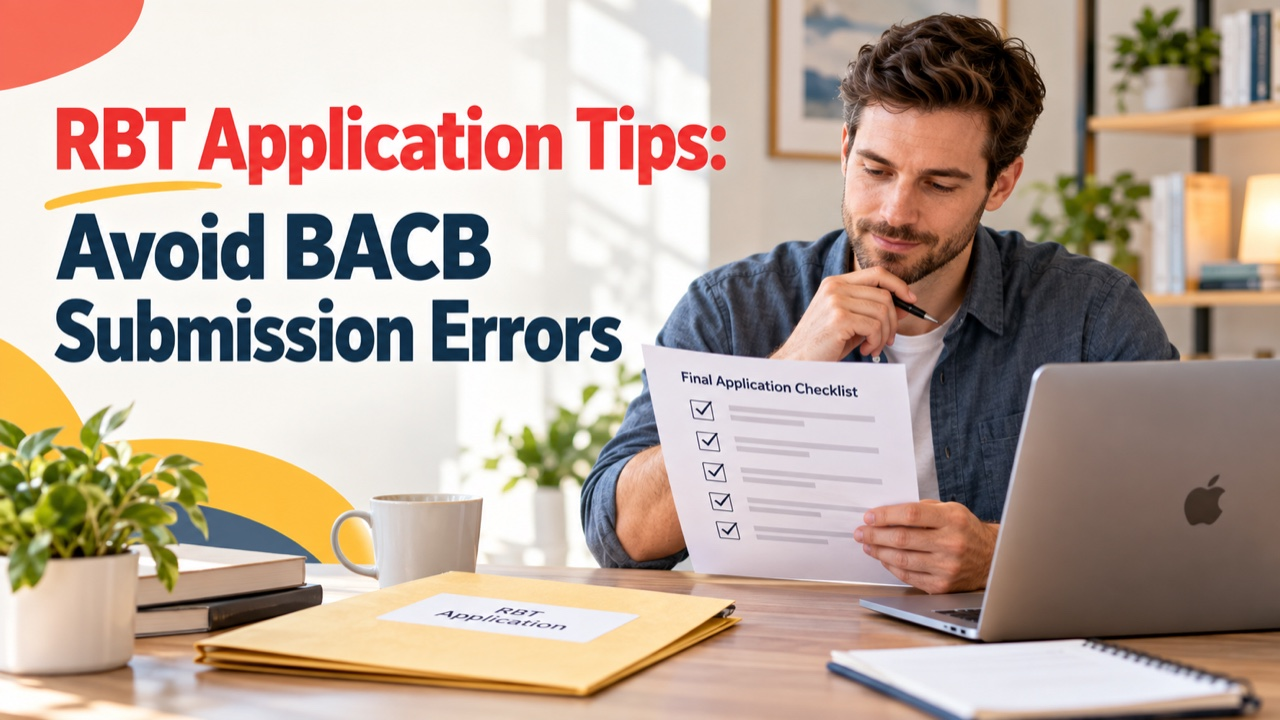 RBT application tips cover showing a white man reviewing a final BACB application checklist beside an Apple laptop
