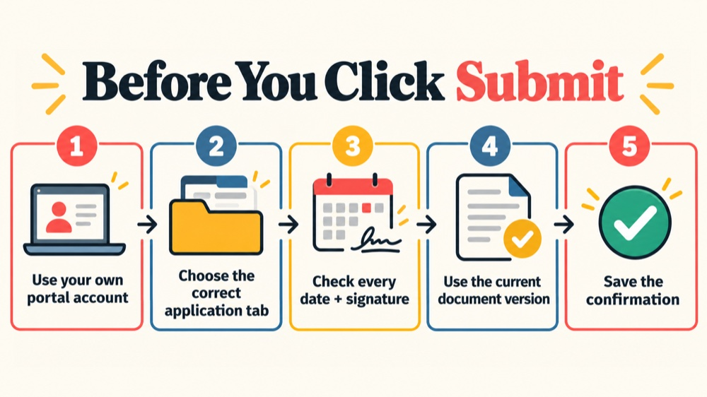 RBT application tips before-submit checklist for portal account, application tab, signatures, document version, and confirmat