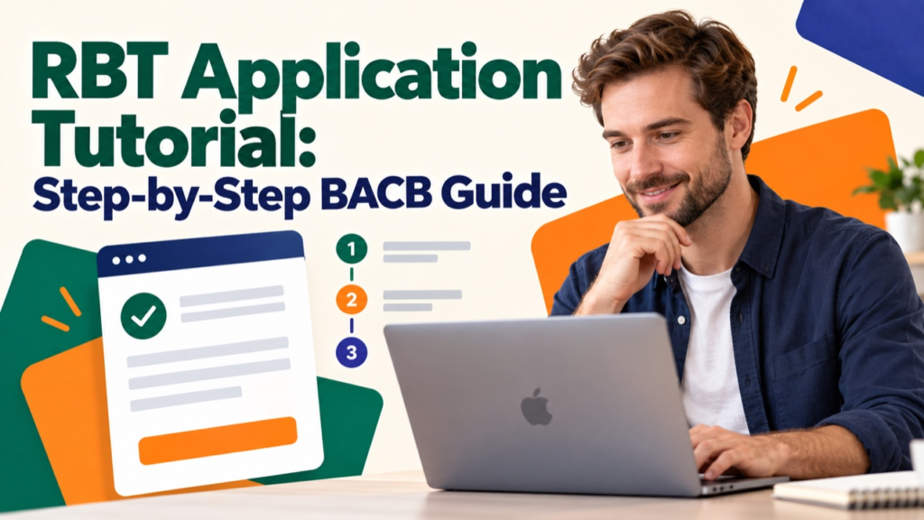 RBT application tutorial cover with a white man following BACB application steps on an Apple laptop