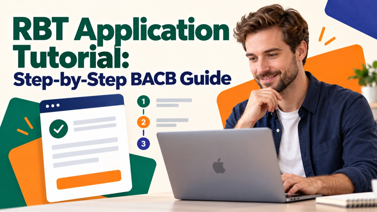 RBT application tutorial cover with a white man following BACB application steps on an Apple laptop