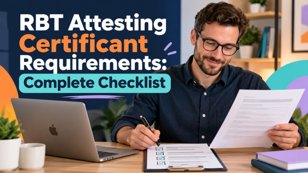 RBT attesting certificant requirements cover showing a white adult man checking an application form beside an Apple laptop