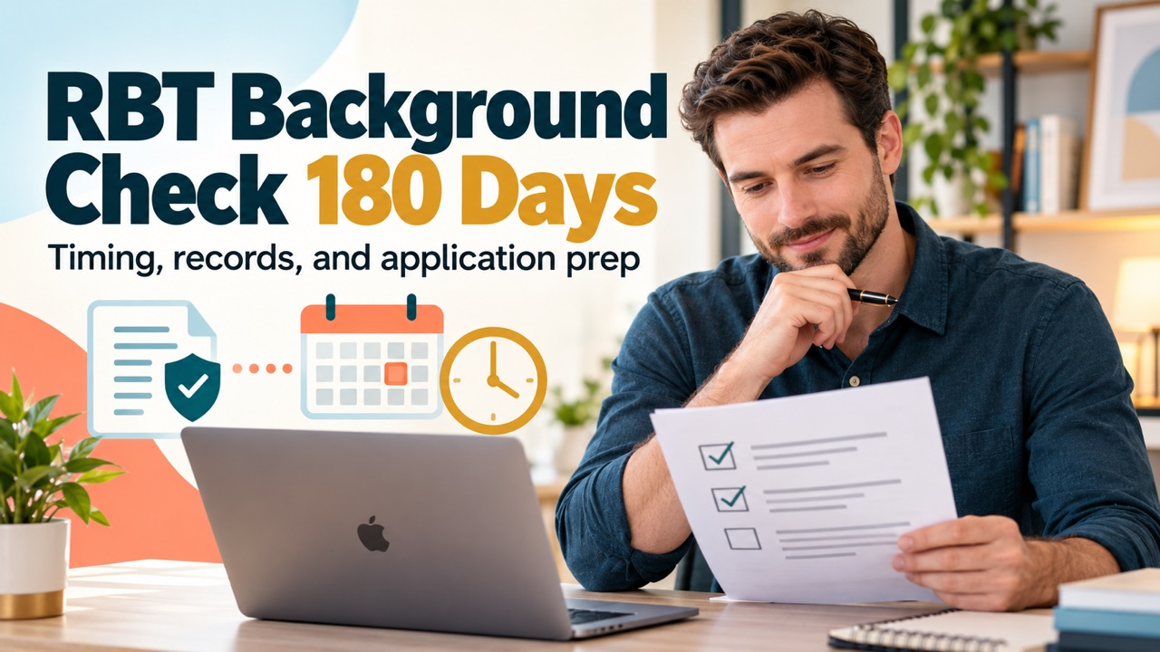 RBT background check 180 days cover with a white man reviewing an application checklist beside an Apple laptop