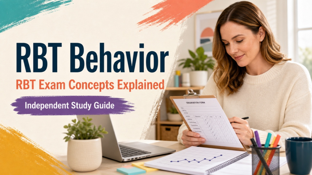 RBT behavior study guide cover with a white adult technician reviewing an observation form