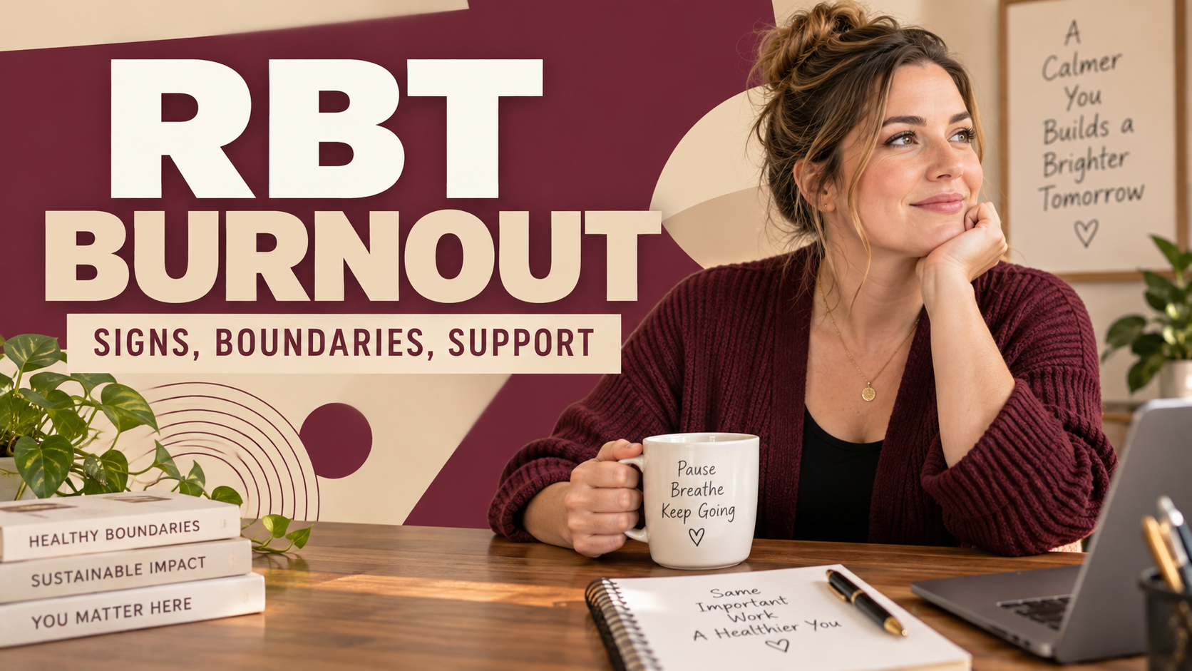 RBT burnout signs, boundaries, and support with a white adult woman taking a calm work pause