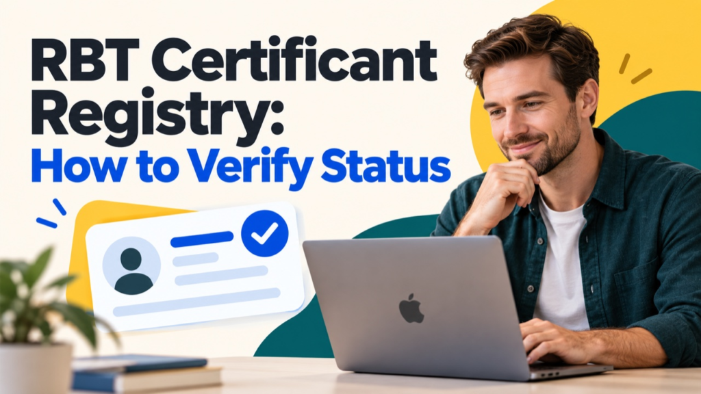 RBT certificant registry cover with a white man reviewing status on an Apple laptop