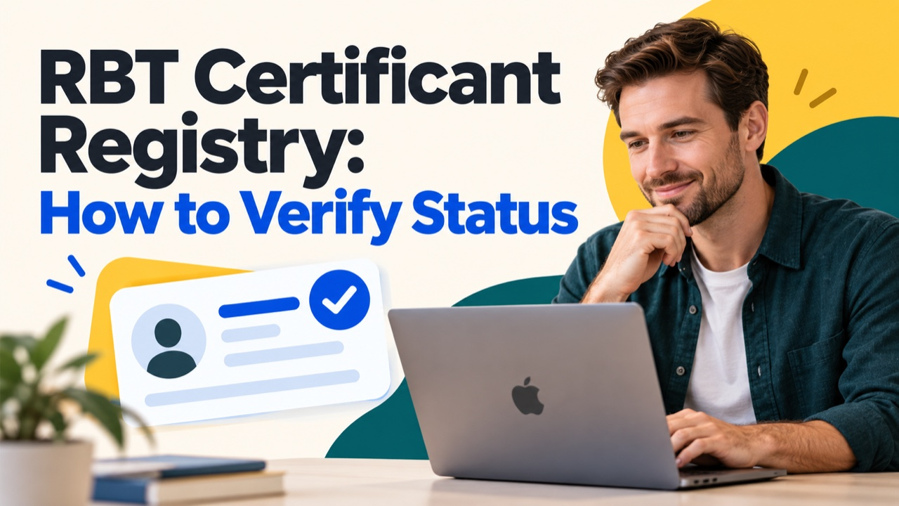 RBT certificant registry cover with a white man reviewing status on an Apple laptop