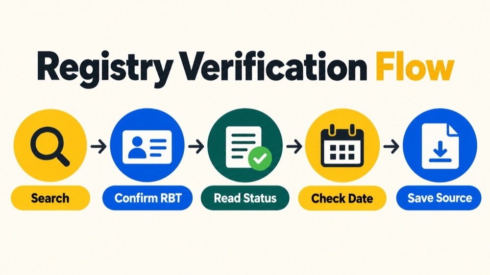 RBT certificant registry verification flow from search and RBT confirmation to status, date, and source capture