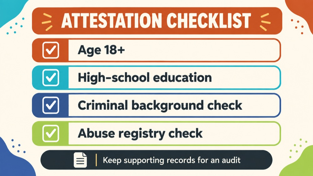 RBT application attestation requirements checklist showing age, education, criminal background check, abuse registry check, a