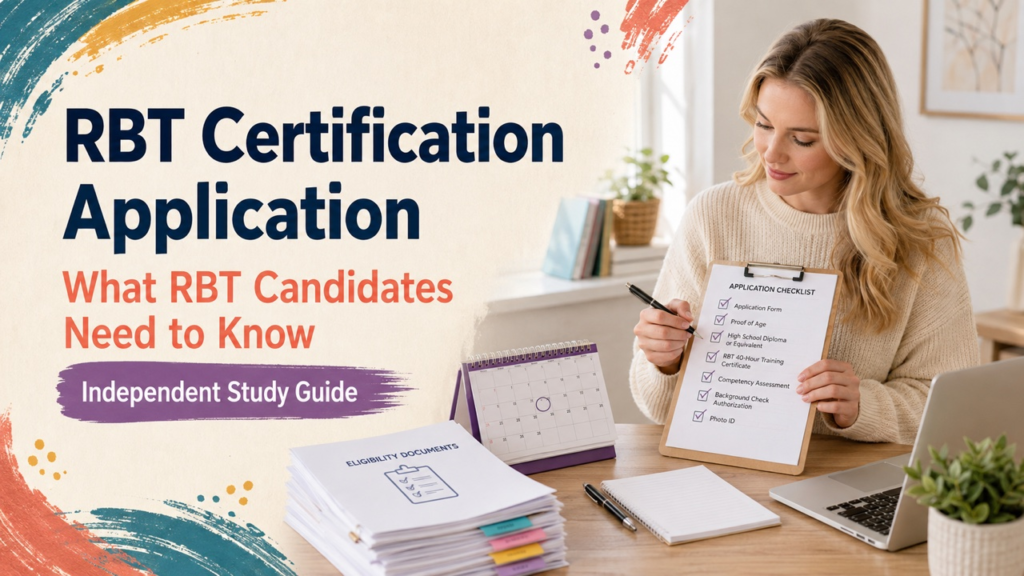 RBT certification application guide cover with a white adult learner reviewing a credential checklist