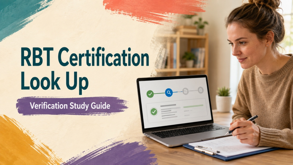 rbt certification look up cover with a white adult learner checking an official credential search workflow
