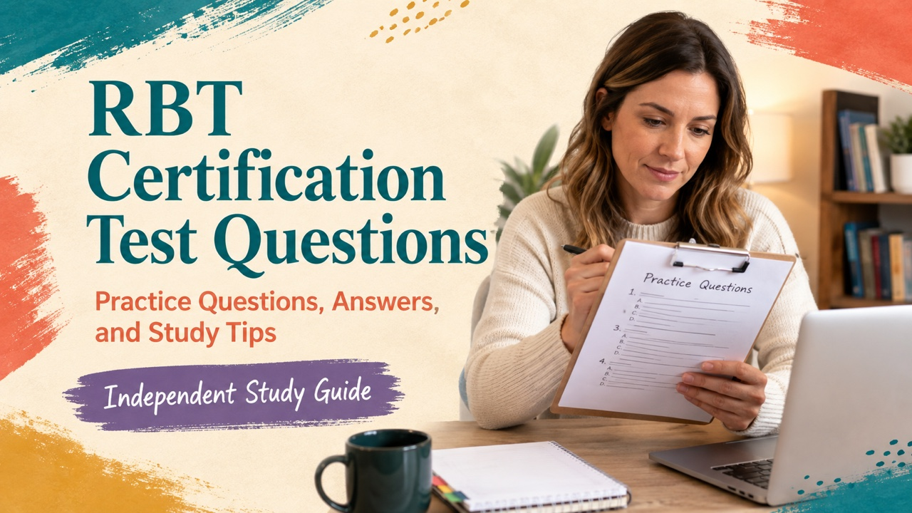rbt certification test questions cover with a white adult learner reviewing original practice questions