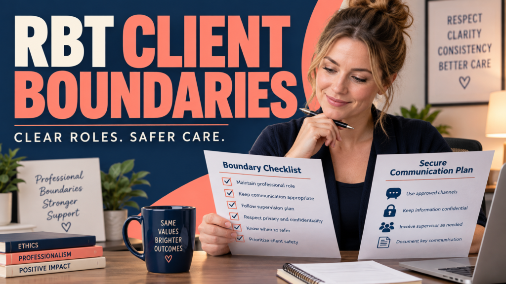 rbt client boundaries guide with a white adult woman reviewing a professional communication checklist