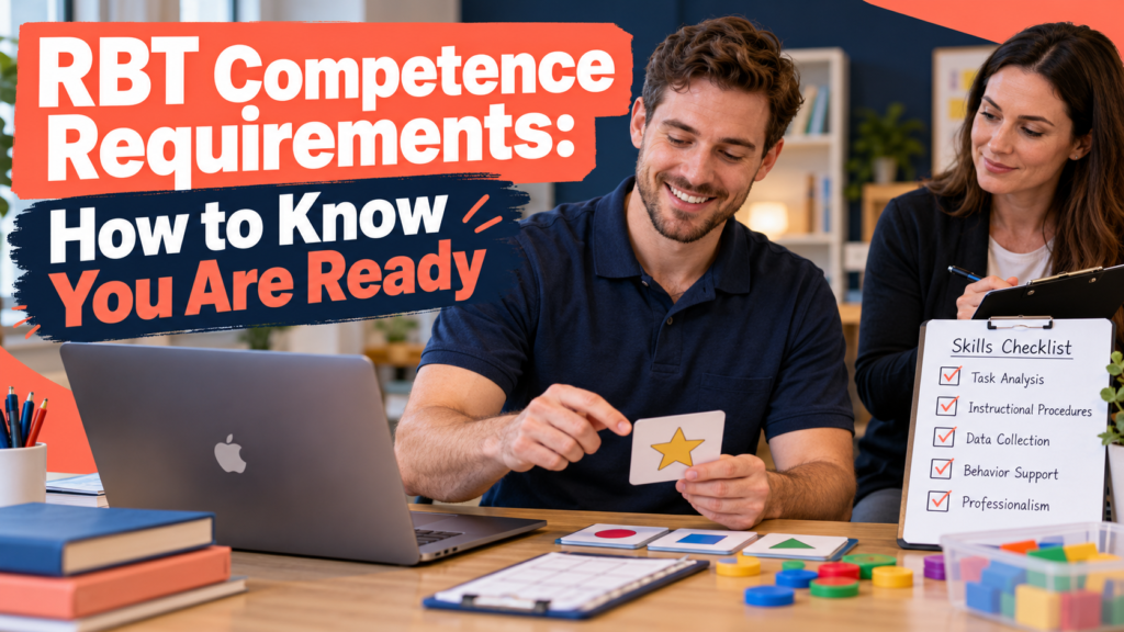 RBT competence requirements with a white adult man reviewing a skills checklist beside an Apple laptop during supervised trai