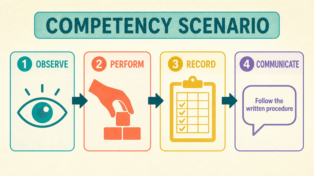 rbt competency assessment answers: observe, perform, record, and ask for direction